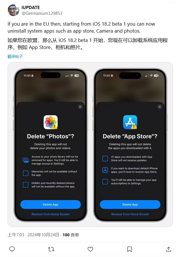 右江苹果手机维修分享iOS 18.2 支持删除 App Store 应用商店 